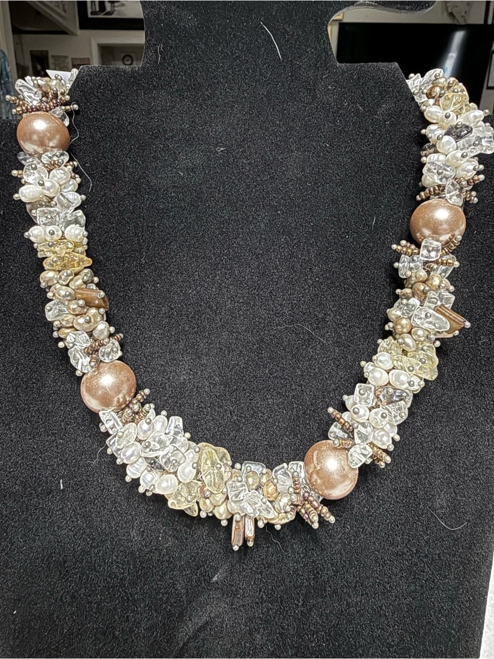 Handcrafted Faux Pearl & Clear Cluster Necklace in Champagne